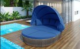 GO Outdoor rattan daybed sunbed with Retractable Canopy Wicker Furniture, Round Outdoor Sectional Sofa Set, Gray Wicker Furniture Clamshell Seating wi