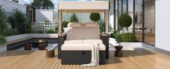 TREXM 2-Piece Rattan Outdoor Patio Bench Lounge Roof Set, Effective UV Protection Fabric & Waterproof Cushions and Adjustable Backrest for Garden, Bac