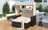 TREXM 2-Piece Rattan Outdoor Patio Bench Lounge Roof Set, Effective UV Protection Fabric & Waterproof Cushions and Adjustable Backrest for Garden, Bac