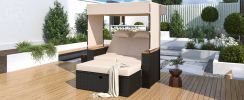 TREXM 2-Piece Rattan Outdoor Patio Bench Lounge Roof Set, Effective UV Protection Fabric & Waterproof Cushions and Adjustable Backrest for Garden, Bac
