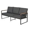 Outdoor 4 Pieces Furniture Sets Modern Aluminum Patio Conversation Sets Sofa w Blue Cushion Faux Wood Grain Frame Coffee Table for Garden Courtyard Po