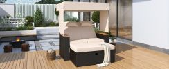 TREXM 2-Piece Rattan Outdoor Patio Bench Lounge Roof Set, Effective UV Protection Fabric & Waterproof Cushions and Adjustable Backrest for Garden, Bac