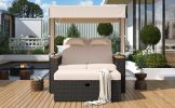TREXM 2-Piece Rattan Outdoor Patio Bench Lounge Roof Set, Effective UV Protection Fabric & Waterproof Cushions and Adjustable Backrest for Garden, Bac