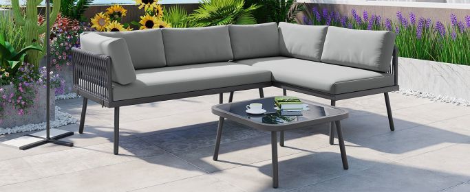 TOPMAX Modern Outdoor 3-Piece PE Rattan Sofa Set All Weather Patio Metal Sectional Furniture Set with Cushions and Glass Table for Backyard, Poolside, (Color: as Pic)
